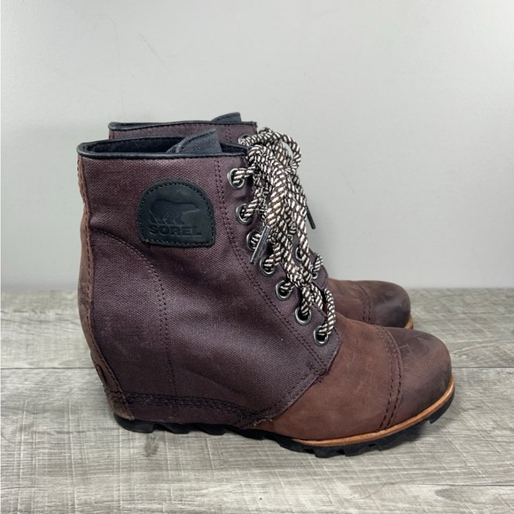 Sorel LL5329 PDX Wedge Women’s Brown Leather & Canvas Booties Boots Size 8.5 - Picture 2 of 10